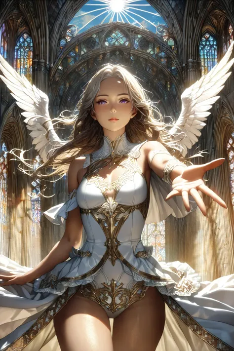 (masterpiece, ultra quality, official art, 8k, beautiful and aesthetic:1.3), (1 angel lady), solo, (cowboy shot:1.3), (The landscape of Cathedral), anatomically correct, absurdres, (well-defined facial features, perfectly proportioned face, graceful and sy...