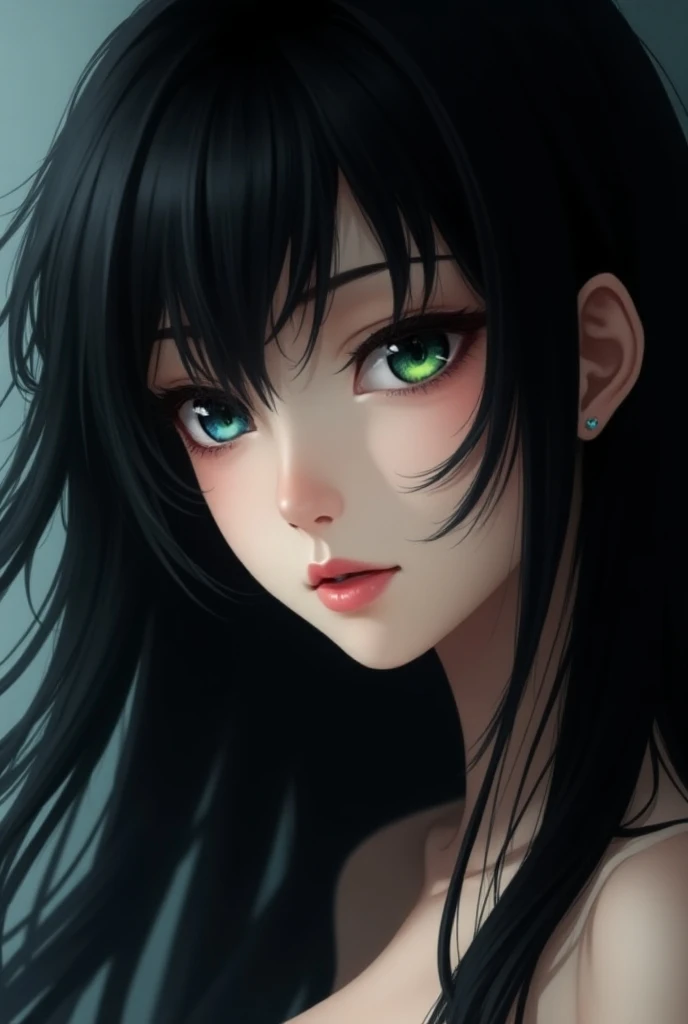 A curvy anime-style woman with long black hair with a fringe pulled to the right, Her right eye is blue and her left eye is green  , very pale skin 