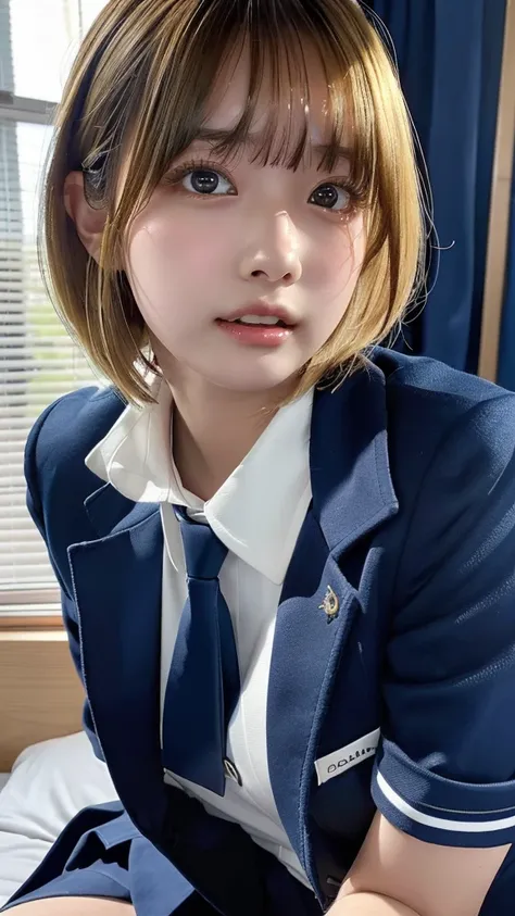 ((masterpiece, Best Quality,  Hi-Res,  Ultra High Definition)),  Japanese High School Girls、(Realistic:1.4)、excited、Great face、Pointed Mouth、 close your mouth、 wet lips、Age 15,  short hair,(Beautiful blonde:1.5),  high school uniform 、(Navy Blue Blazer,Nav...