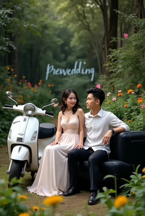 A handsome young man with Indonesian mulet style hair paired with a beautiful young Indonesian woman,  sitting on a black sofa next to a white Vespa , there is a graffiti inscription of color  "prewedding"  in a field land full of scenery and green foliage...