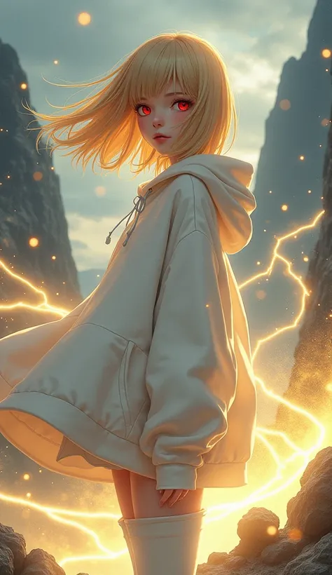  Anime 2d art . Beautiful woman ,  red eyes, straight golden hair bob cut , white oversized hoodie,white thigh-high boots, mystery ,twilight, many small gold sparks and lights around , glowing gold dust in the air ,turned around,hair cut under the square d...