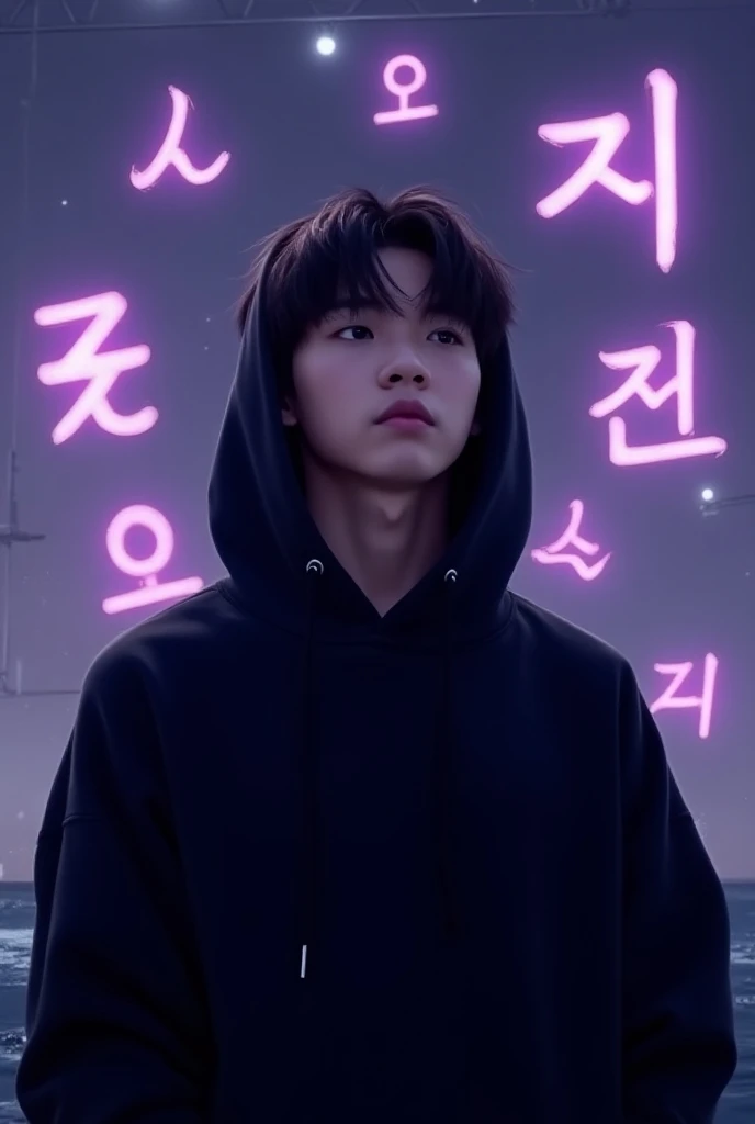  One korean adult male teen idol, intj, lighting, straight face , pake hooday black there is purple glowing YANS writing , The Future, planning ,  logical thinking , abstract, calm, intelligent