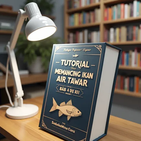 a very thick book with a cover that says "Tutorial Memancing Ikan Air Tawar Untuk Pemula Bagian 1", detailed book cover, book on a shelf in a bookstore, white studio lighting, high quality photography, detailed book textures, realistic lighting, warm color...