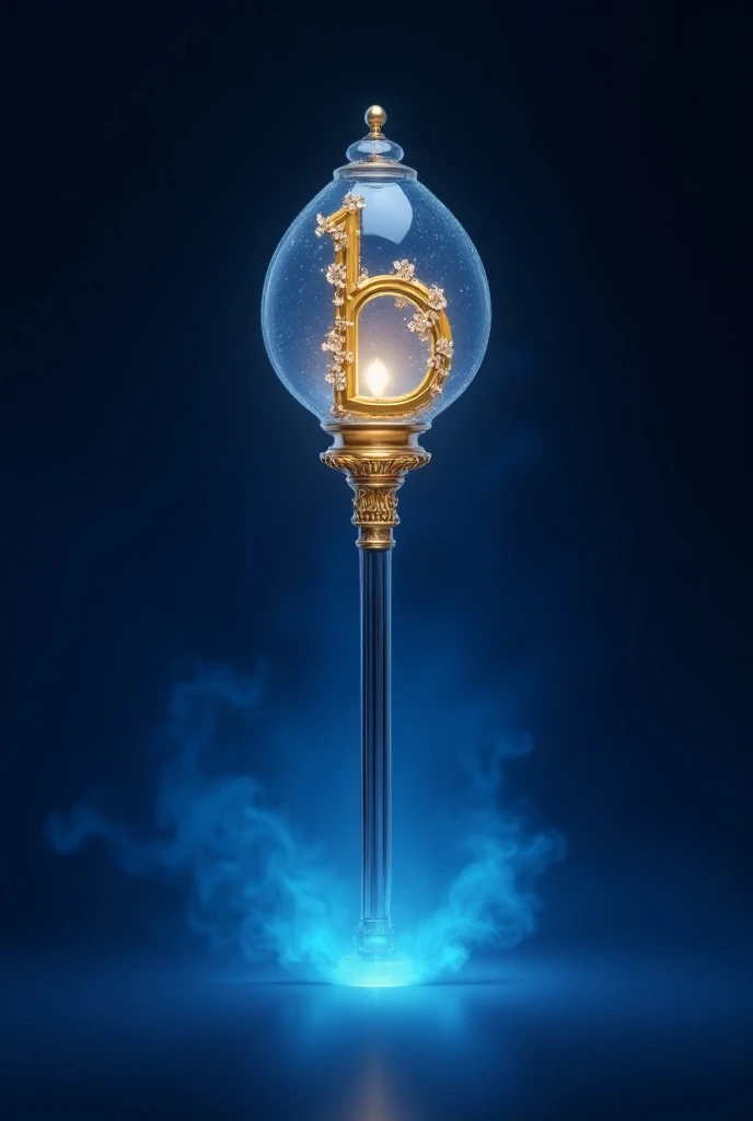 ., the image shows an elegantly designed light stick .  The top part of the stick looks like a lantern or a glass crown, with the letter  "b" In gold color with some decorations .  in the center. The stick appears illuminated or surrounded by a blue glow, ...