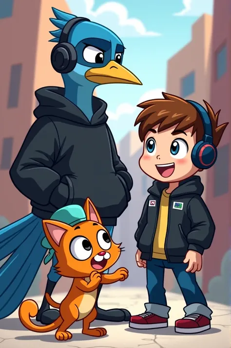 Mordecai wearing a black sweatshirt that also wears headphones ,  ben 10 next to Gumball who wears a hat and until he is holding a sword in his hand