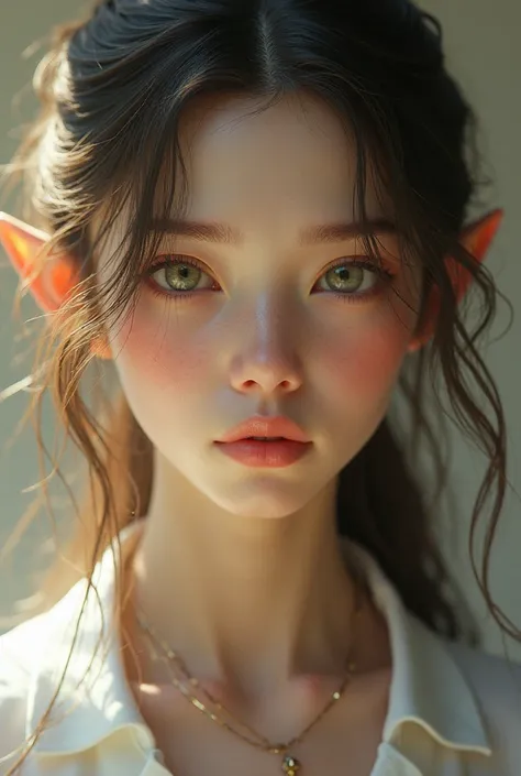 super realistic illustration, cinema 4d rendering, 1 elven girl, solo, upper body, detail face, fine skin, detail eyes, beautifu...