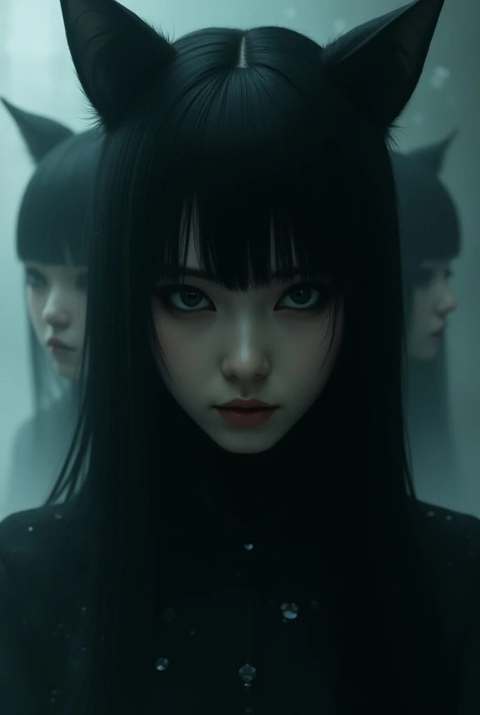  long hair, straight hair,Beauty,Black Hair,Dark Eyes,A face that only eyes can see, female silhouettes produce 4K cyberpunk bokeh images with cat ears 