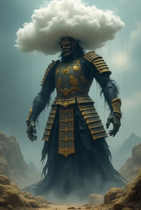  A giant creature  ( armor with the female gender) with samurai armor, In place of your legs there is black fire ,  your hands are so realistic that they even scare you and your head is a literal cloud, Of rain .  The art style is extremely identical to th...