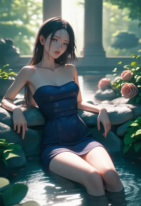  short hair, Hmm., ( sharp concentration:1.2), photograph,  Attractive Young Woman , ( Facial beauty:1.1),  detail eyes, Seductive lips, ( Bold red lip color :0.85), ( Medium Chest :1.0), ( slender body sitting in a rock bath:1.2), (Long Hair:1.2), wear (1...