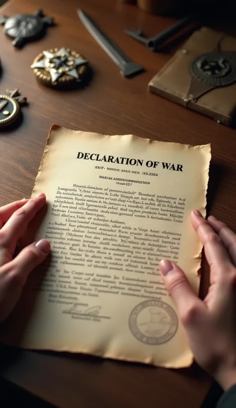 "An official document with the words Declaration of War stamped in bold, dated September 3, 1939. The scene shows a close-up of the paper, with hands placing it on a wooden table. Vintage military badges from Britain and France are visible in the backgroun...