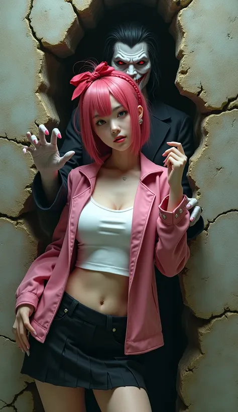 a beautiful Japanese woman, Perfect face , RAW Photo,  portrait of Skskzez , (pink hair: 3),  hair band strap red ribbon chest giant plump , pink jacket ,  tangtop white miniskirt black color  .,sexy pose......, background is a large wall Realistic digital...