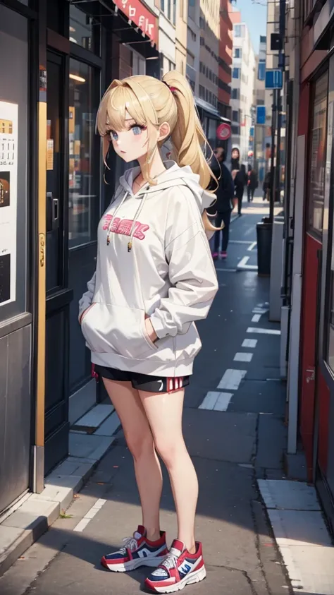  1 girl,  Hi-Res,  blonde perm ponytail、 hooded hoodie、 sneakers