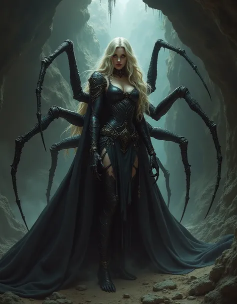 spider-type woman demon, blonde hair, overlord rank, Russian nationality, dark cave background, has four arms and