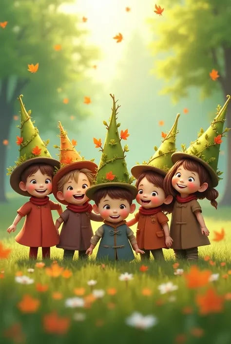 Kindergarten ren wearing tree hats and smiling