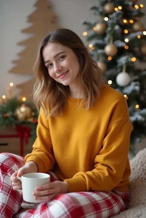 Create a cozy Christmas mockup featuring a young woman indoors, dressed in a gold sweatshirt with space for a custom logo or text design prominently displayed on the chest. She is sitting comfortably beside a beautifully decorated Christmas tree with snowy...