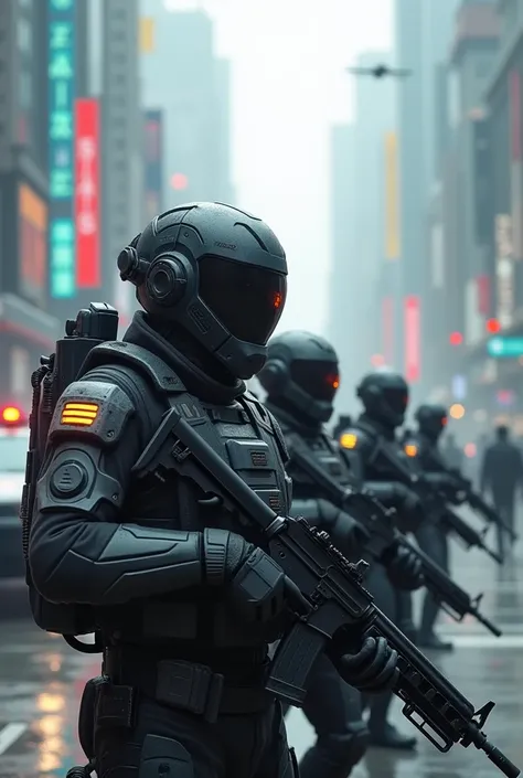 Generate a hyper realistic science fiction image of futuristic army police wearing futuristic suit and futuristic helmet and holding  futuristic gun with both hands on streets of futuristic city standing beside the futuristic police cars with red and blue ...