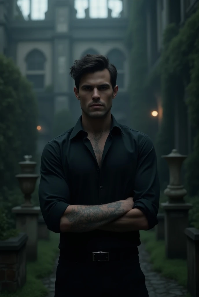 Ultra-realistic, photorealistic image of Dr. Bramwell from Nocticadia by Keri Lake, no tattoo, standing confidently in a shadowy, mist-laden gothic university garden. Dr. Bramwell, a strikingly handsome figure with model-like, chiseled features and an athl...