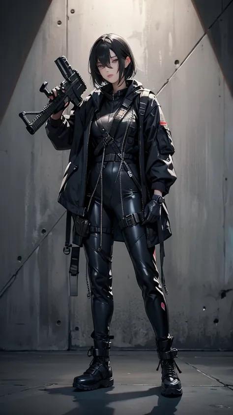 In this realistic masterpiece, 、 one woman stands in a combat pose 、 the M4 assault rifle is directed directly at the viewer 。 her short hair is neatly put together 、 with a detailed look 。she、 black latex rubber suit 、 tactical vest 、Military Harness、 wit...