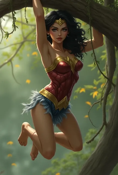   Wonder Woman  ,   hanging from a branch with one hand , The other one is scratching her lower back .  She has a vague and distant gaze and seems to be mesmerized.  She is barefoot and acting like a primate . 