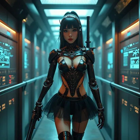 ((((looking at camera)))),(photorealistic, large-breast ),a beautiful girl, beautiful korea faceA fashion runway for alien technology ,Reveal full breasts,Big breasts, Cyberpunk fashion photography ,  photorealistic, large-breast ,((full body)), (( Realist...