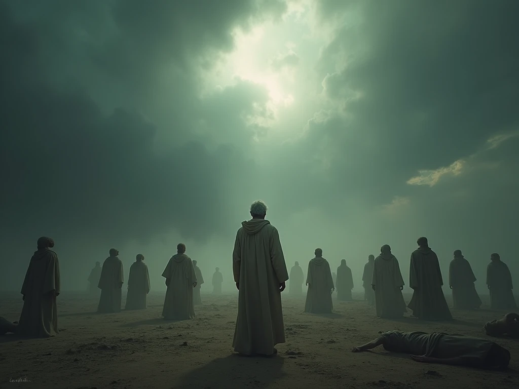 Create a scene where God speaks again to Ezekiel, who is still watching the lifeless bodies, waiting for the next command. 16:9 aspect ratio, cinematic suspense.