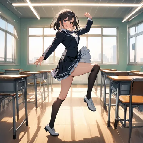 A high school girl dancing in the classroom