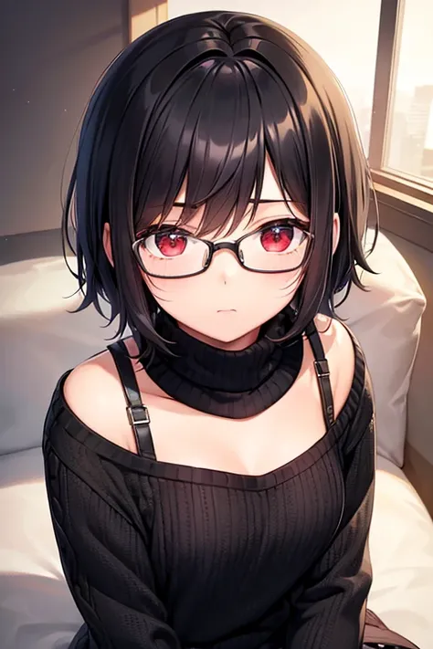    short stature  、 small breasts、 Black Hair 、  short hair、Glasses、  knitted sweater、 On the sofa、 cute、、  red eyes、living 、  very detailed,Best Quality,Accuracy,correct、masterpiece,  High image quality, 1 person、  Hi-Res