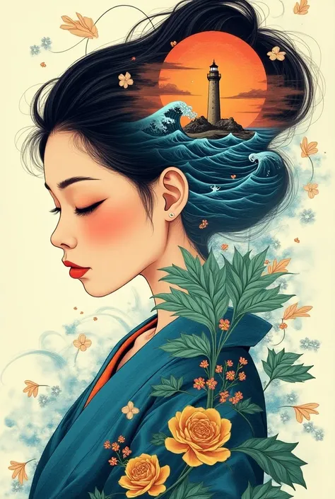 Create a bright colorful cartoon illustration in the style of double exposure , close-up to the waist of an incredibly beautiful Chinese goddess in a kimono in her head in her hair merges the ocean and an island in the middle of the ocean with a large ligh...