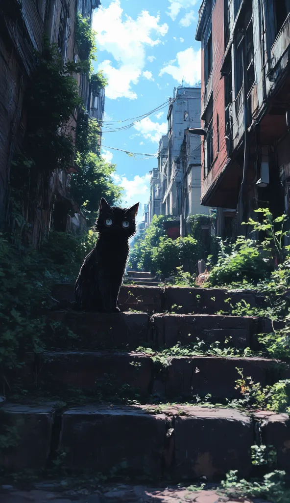 anime style, panoramic view, a black cat on stone steps, hunter, street cat, dirty and neglected, walki calmy on stone steps, in...