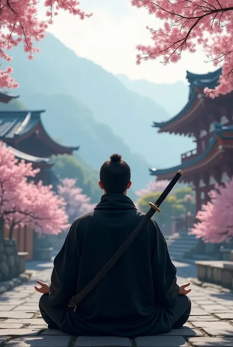 A ninja meditating in zazen in front of a cherry blossom tree in a Japanese temple in the mountains with a sword on his back