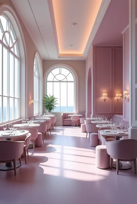 Design a restaurant in lilac colors,  WHITE AND GRAY GRADIENTS