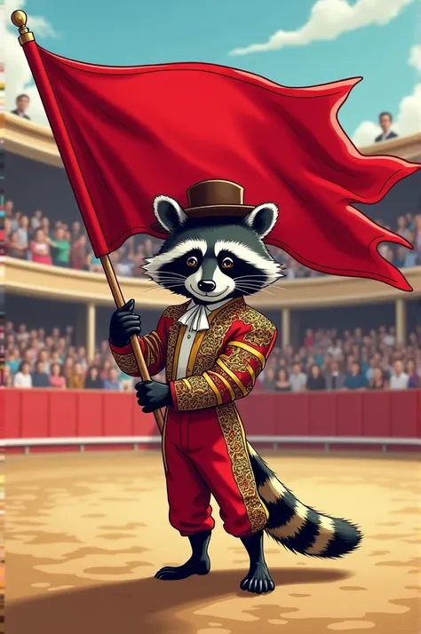 Racoon Torero Holding the Red flag in Arena. Comic style