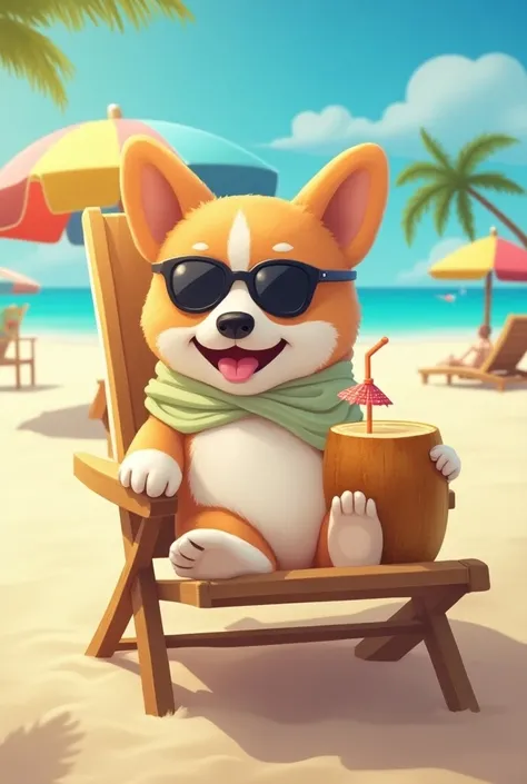 A relaxed corgi lying comfortably on a lounge chair under a colorful beach umbrella, enjoying a sunny day at the beach. The corgi is wearing black sunglasses and has a small towel draped around its neck, giving it a stylish vacation look. It holds a coconu...