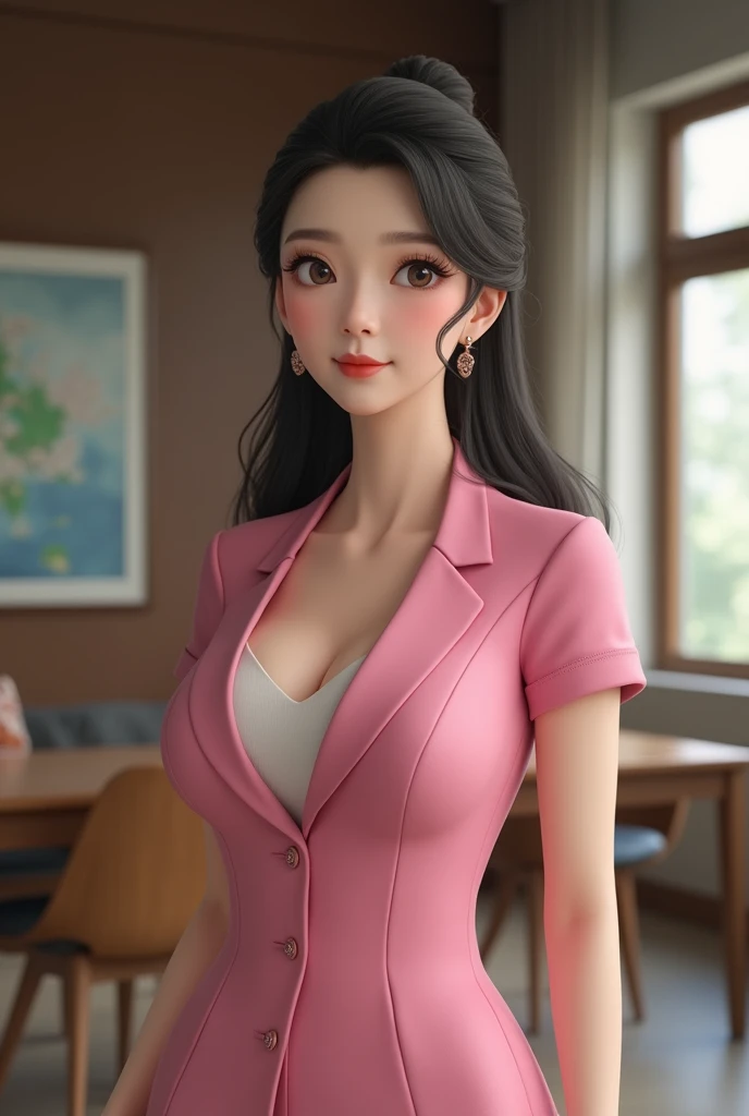  Chinese 50-year-old mature，Long hair rolled up ，indoor，教indoor，，OL outfit，，Women&#39;s suits，short sleeve pink suit，Big Breasts， full boobs，Thin waist and big hips，sideways