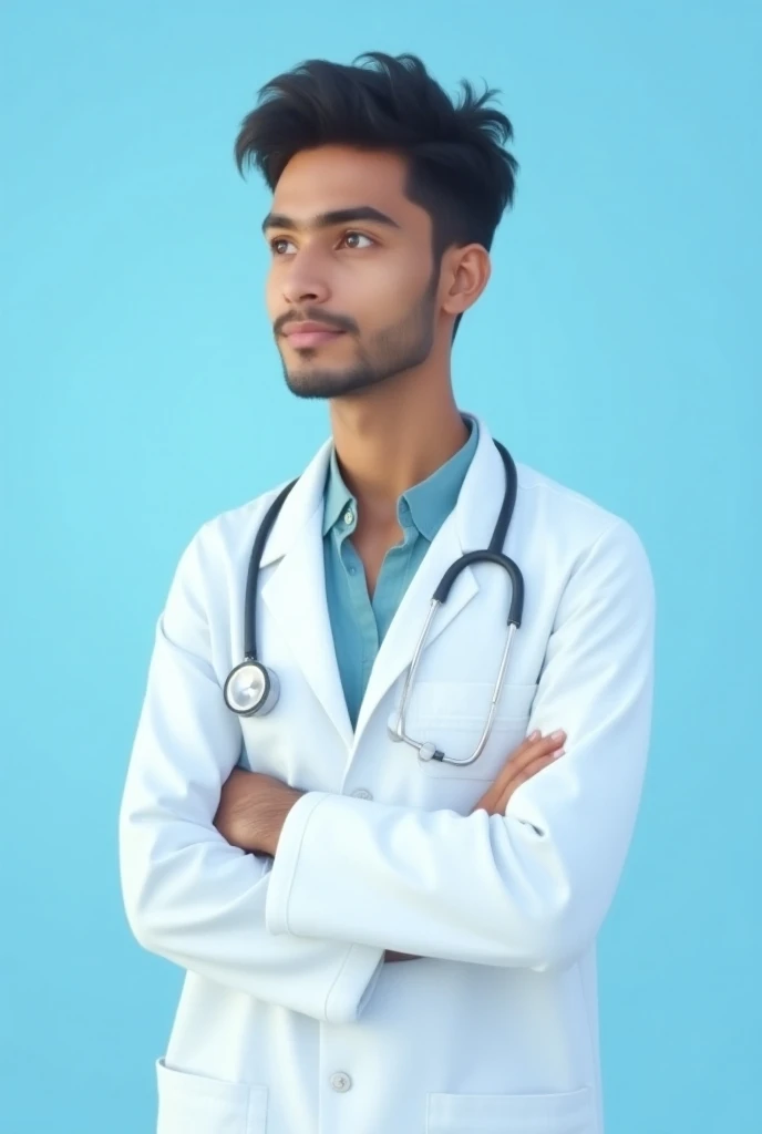 Blank light blue background . A young male sri lankan doctor standing , top half visible . Realistic . Good quality , white skin 