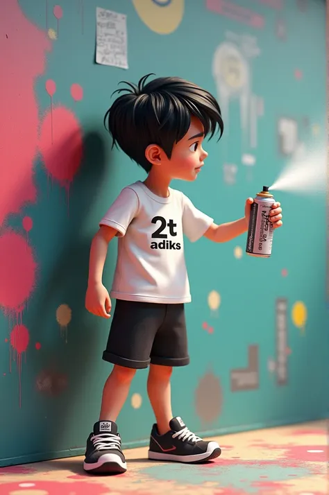 create 3d image of a boy wearing a plain white t shirt and black shorts wearing a nike sneakers.the t shirts have printed a "2T adiks".the boy is spraying the wall using spray paint and he write "Jcy Cruz lang ang malakas".