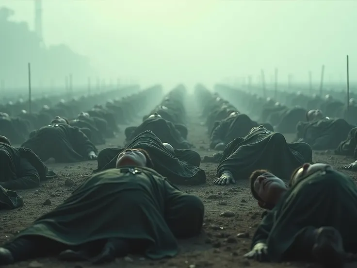 Create a scene of a gentle breeze passing over the bodies and, one by one, they begin to breathe, opening their eyes and standing up, forming a powerful army. 16:9 aspect ratio, cinematic suspense.