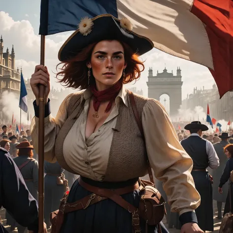 Photorealistic, cinematic style, a picture of a beautiful British woman in french revolution. (in the style of Les Miserables). Rising on the barricade with a ((huge french flag in one hand))) .Shes wearing pantaloons, a loose blouse and an open vest. Blac...