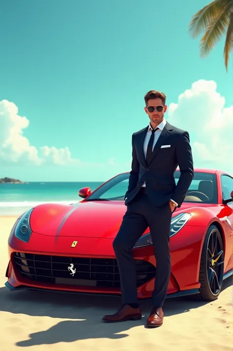 A man with ferari at beach with blue sky