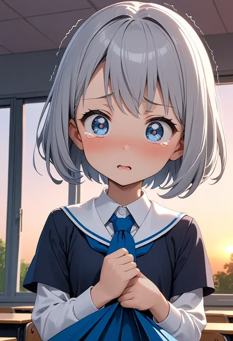  1 girl elementary school student, grey hair short bob, uniform,  roll up the skirt myself ,  no panties, evening, classroom,  is embarrassing, With tears in her eyes, Looking away from the camera, Trembling