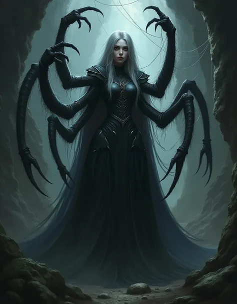 spider-type woman demon, gray hair, overlord rank, Russian nationality, dark cave filled with spider webs background, has four arms and