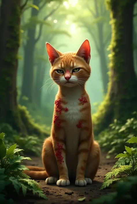 A brown cat is standing in the forest and it have many red rashes on its body and face in the forest ai image