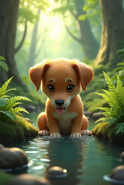 a dog drinking water in a forest