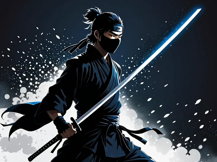 A young ninja man in dark silhouette with a sword in each hand and a beautiful profile looking down. The background is minimalist white with scattered black particles floating in the air. The ninjas face and body, masked, are faintly blue, emitting electri...