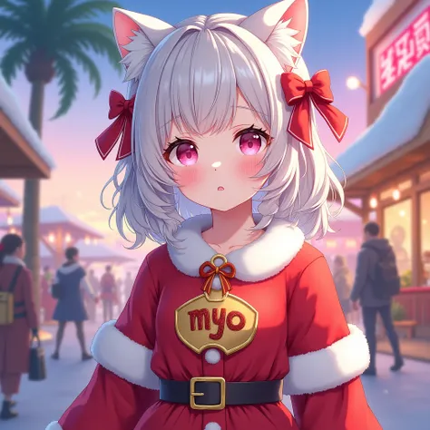 Pink eyes。Girl with white cat ears。Idol。Light grey medium curly hair。Red ribbon hair accessory。The costume is a Christmas costume with a red ribbon 。On the chest｢MYO｣The golden embroidery is large and eye-catching。Background、 like having a Christmas party ...