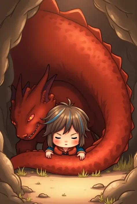 (Cute Chibi),
A red large dragon laying on the brown ground of a cave resting with a feminine boy with brown hair with a slight shine of blue  which reaches his shoulder and the boy is covered by the dragons red large tail and above is written The Dragons ...