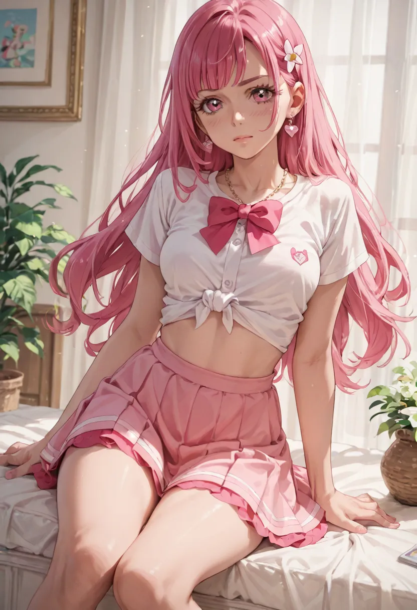 masterpiece　pink hair　 pink skirt　 cure yell　thighs　whole body　 smaller breasts