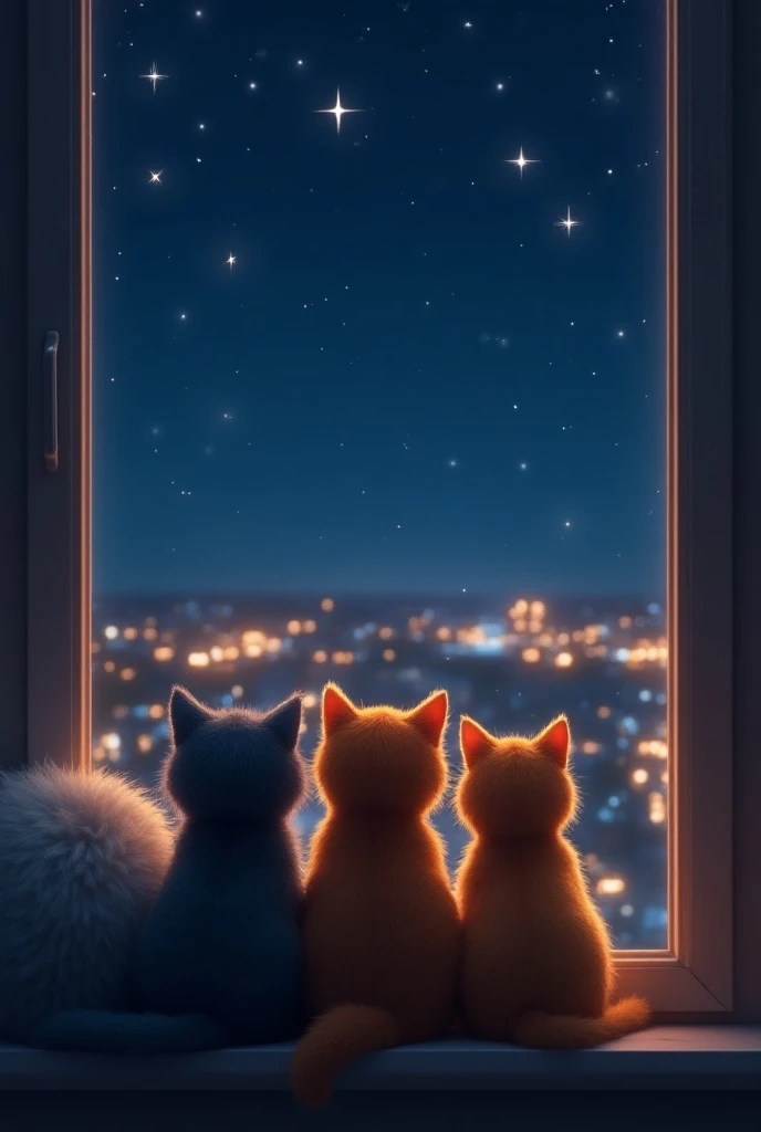  the stars in the night sky twinkle on the window 、 the scene where 3 cats sit together 。 The cats come in a variety of colors and patterns 、 the soft light shines through the window 。 The night view spreads out of the window 、You can see the city lights 。...