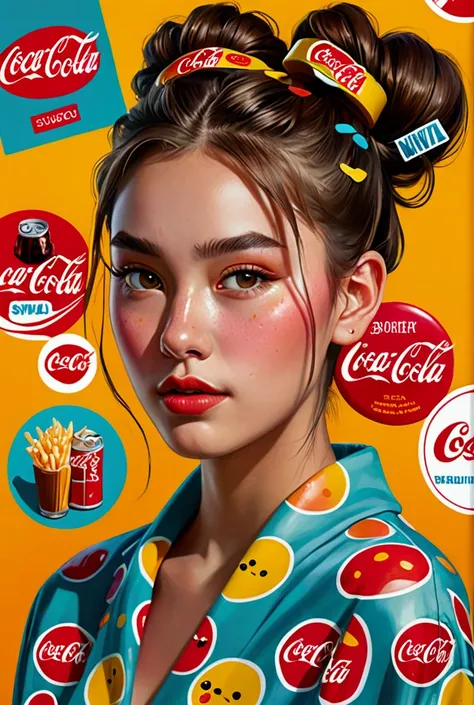 The image is a hyper-realistic digital or illustrative portrait of a young woman with long, flowing hair styled in playful, messy buns. Her face and upper body are adorned with an assortment of colorful, recognizable brand logos and cartoon-style stickers,...