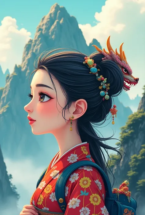 Create a bright colorful cartoon illustration in the style of double exposure , close-up to the waist of an incredibly beautiful Chinese goddess in a kimono with a backpack on her shoulders with precious stones in her head in her hair merges with the head ...